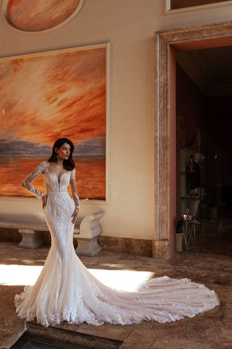 Robe de mariée Anna Sposa Kolis – Sirène nude en dentelle avec manches longues et traîne