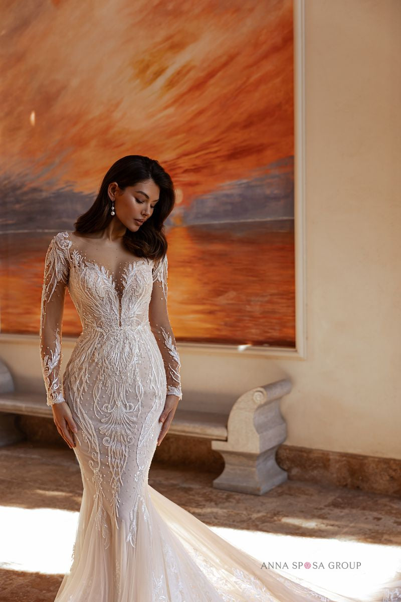 Robe de mariée Anna Sposa Kolis – Sirène nude en dentelle avec manches longues et traîne