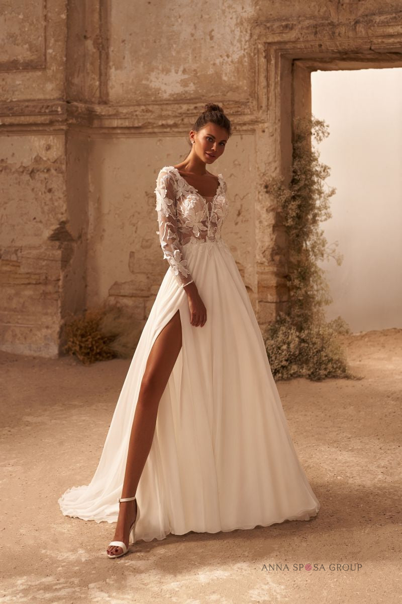 Robe de mariée Messina – Robe fluide à manches longues en mousseline et dentelle