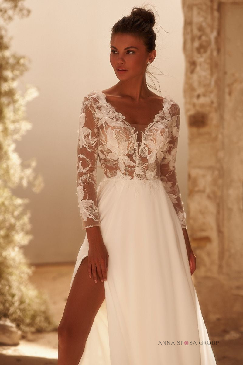 Robe de mariée Messina – Robe fluide à manches longues en mousseline et dentelle