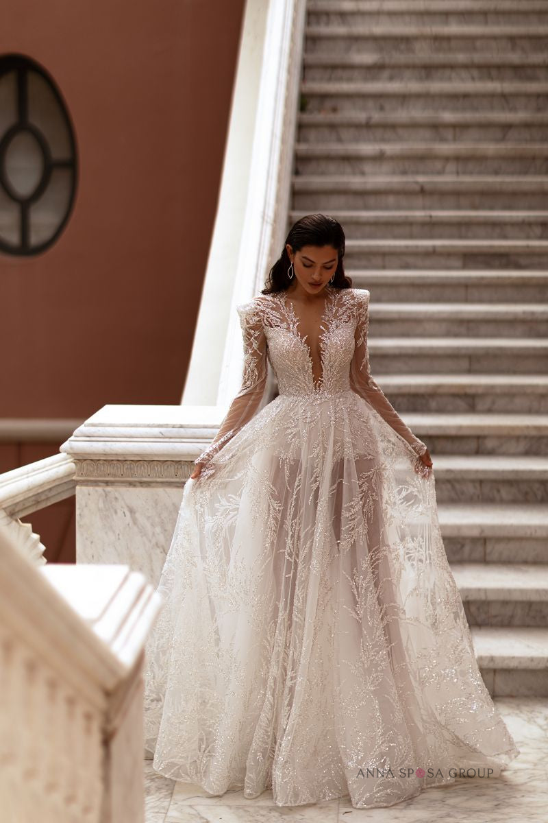 Robe de mariée Anna Sposa Motivi – Ligne A ivoire brodée de perles et cristaux avec manches longues
