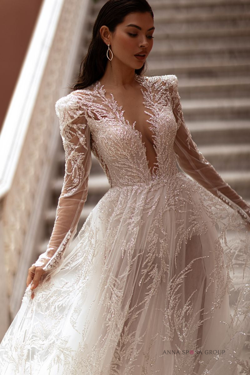 Robe de mariée Anna Sposa Motivi – Ligne A ivoire brodée de perles et cristaux avec manches longues