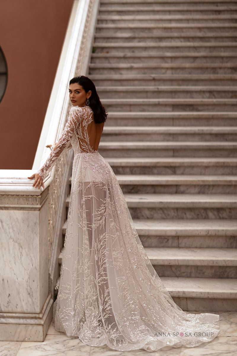 Robe de mariée Anna Sposa Motivi – Ligne A ivoire brodée de perles et cristaux avec manches longues