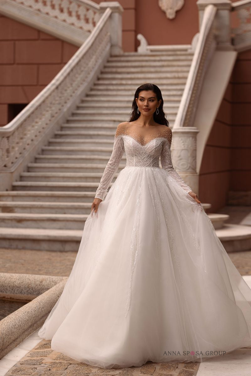 Robe de mariée Anna Sposa Salma – Volumineuse ivoire en dentelle brodée de perles et cristaux avec manches longues