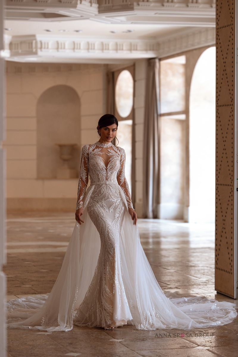 Robe de mariée Anna Sposa Toman – Sirène brodée de perles avec manches longues et traîne amovible
