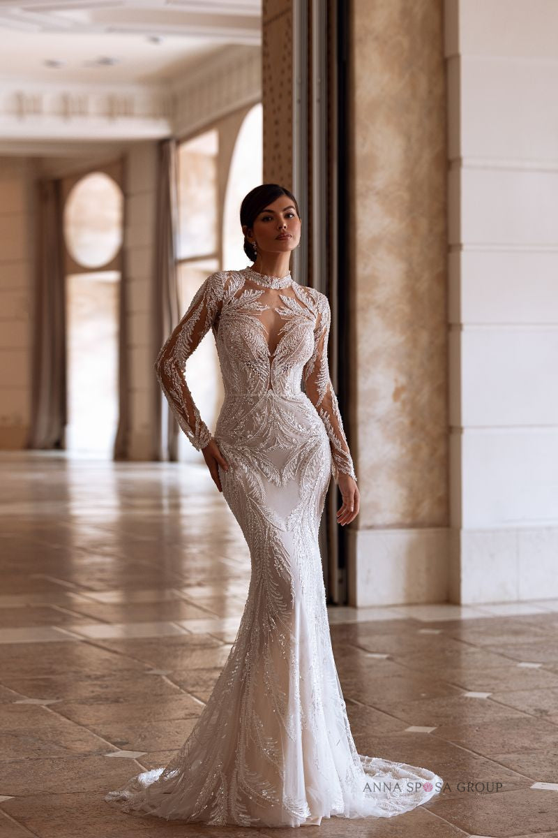 Robe de mariée Anna Sposa Toman – Sirène brodée de perles avec manches longues et traîne amovible