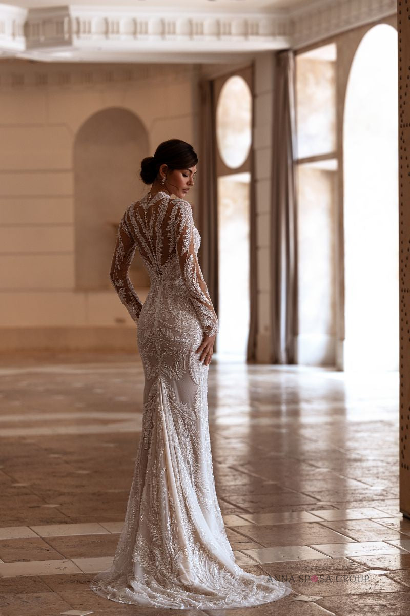 Robe de mariée Anna Sposa Toman – Sirène brodée de perles avec manches longues et traîne amovible