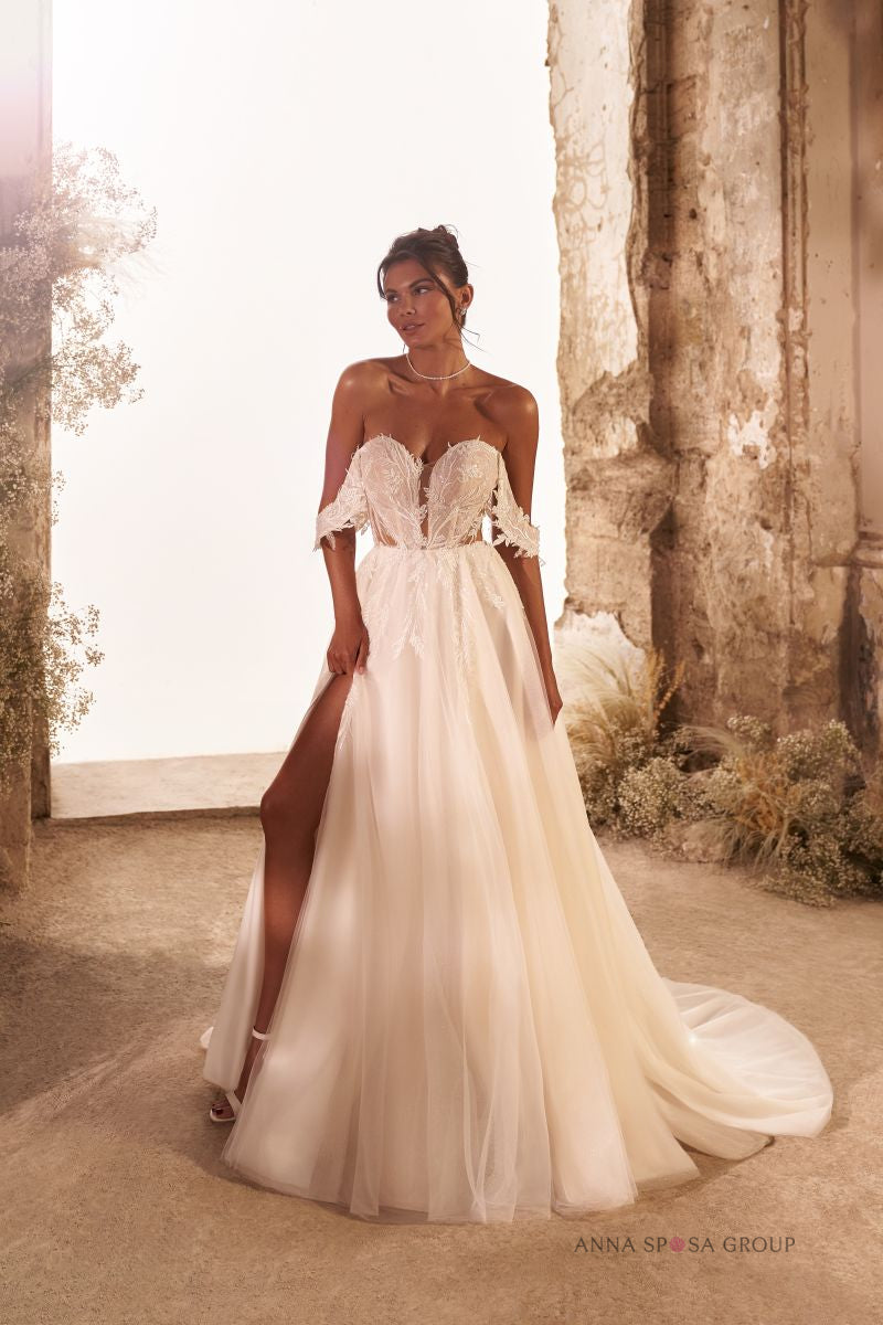 Robe de mariée Zeffa – Robe romantique à corsage en dentelle et épaules dégagées