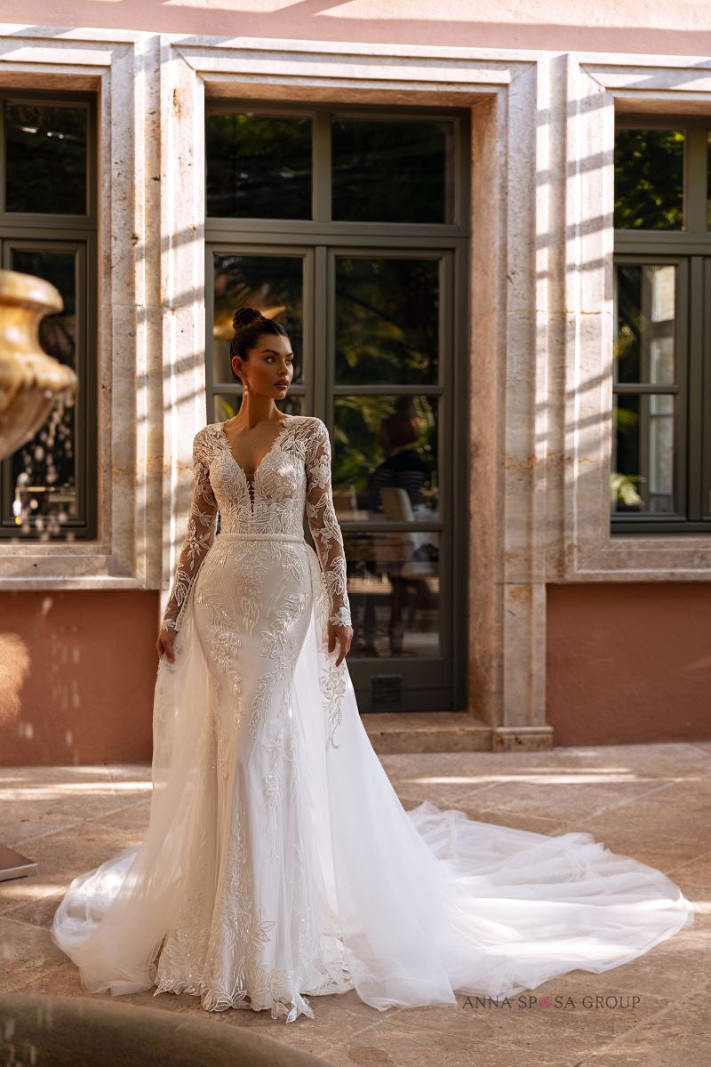 Robe de mariée Anna Sposa Zinel – Sirène ivoire en dentelle florale avec manches longues et traîne amovible