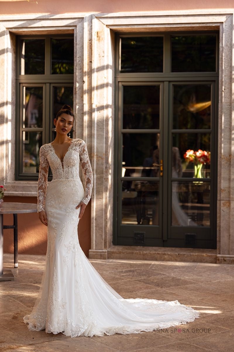Robe de mariée Anna Sposa Zinel – Sirène ivoire en dentelle florale avec manches longues et traîne amovible